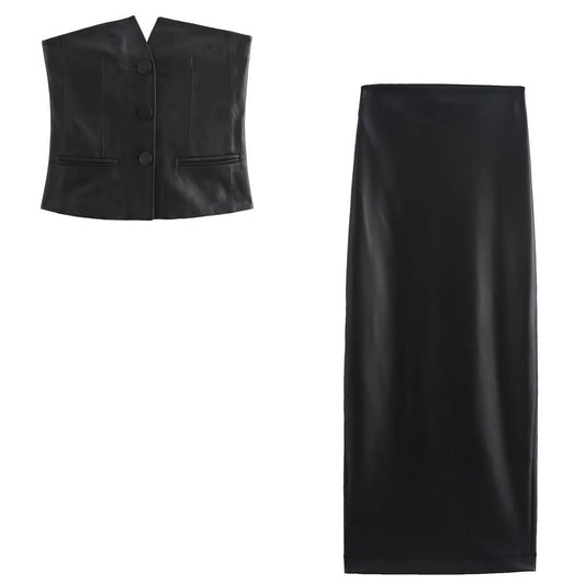 PU Leather Tube Vest Top & Slit Skirt Coord Set
