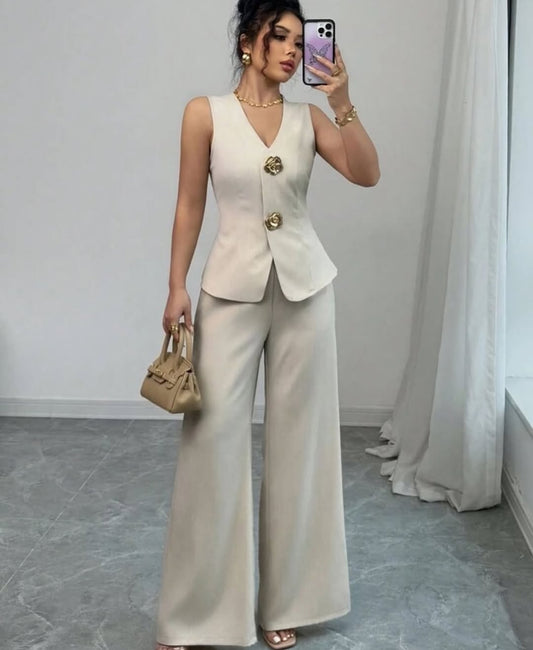 Sleeveless Suit Vest and Wide Leg Trousers Set