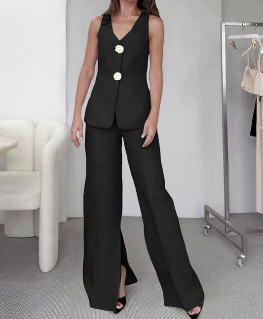 Sleeveless Suit Vest and Wide Leg Trousers Set