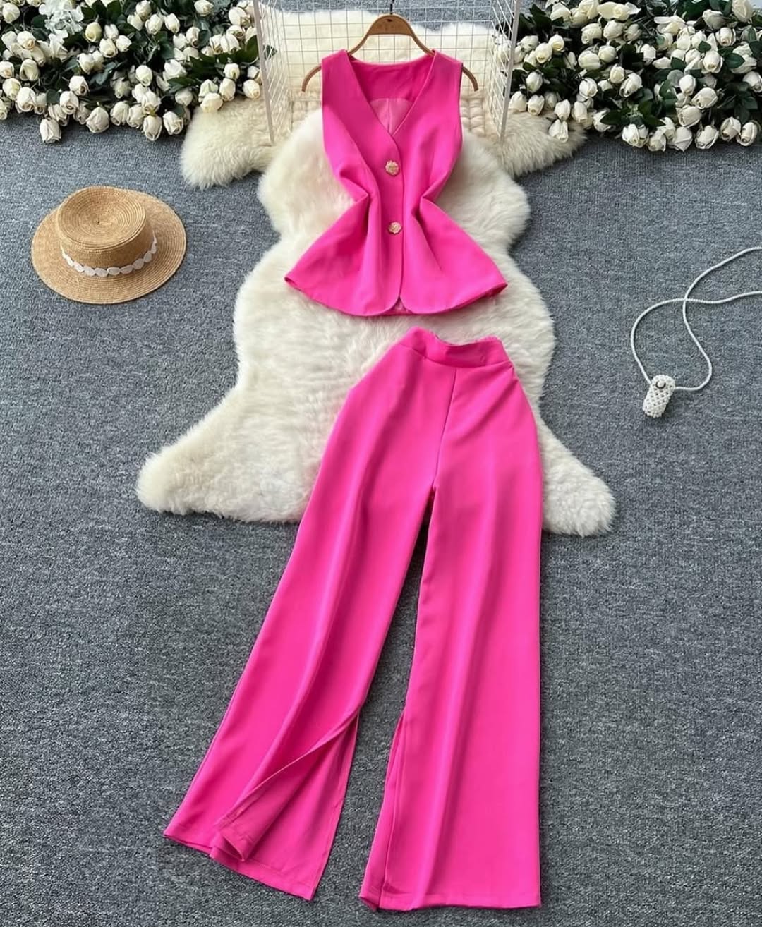 Sleeveless Suit Vest and Wide Leg Trousers Set