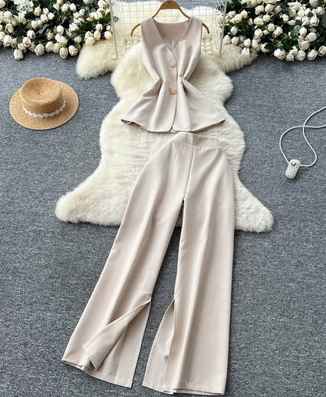 Sleeveless Suit Vest and Wide Leg Trousers Set