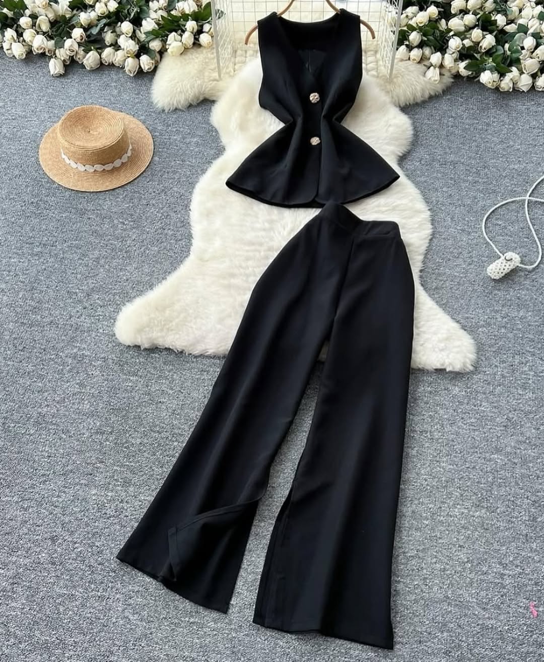 Sleeveless Suit Vest and Wide Leg Trousers Set