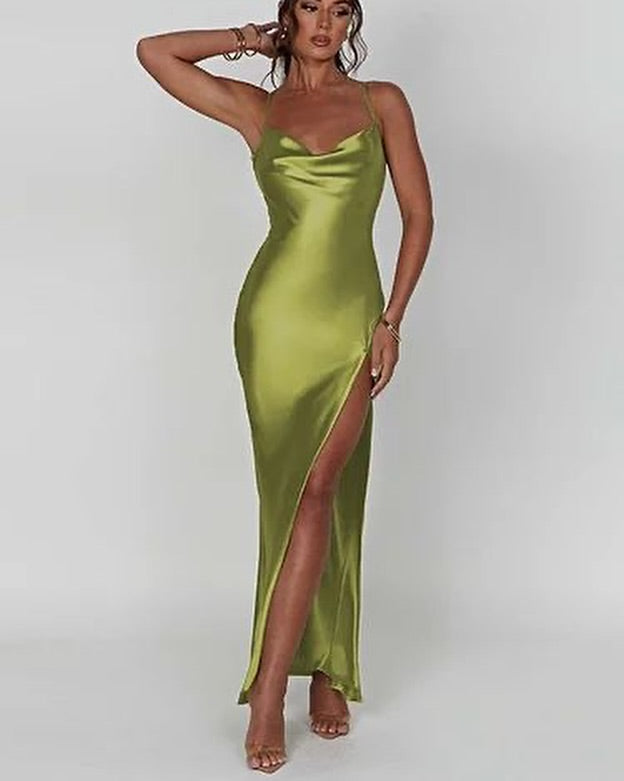 Spaghetti Strap Cowl Neck Backless Split Dress