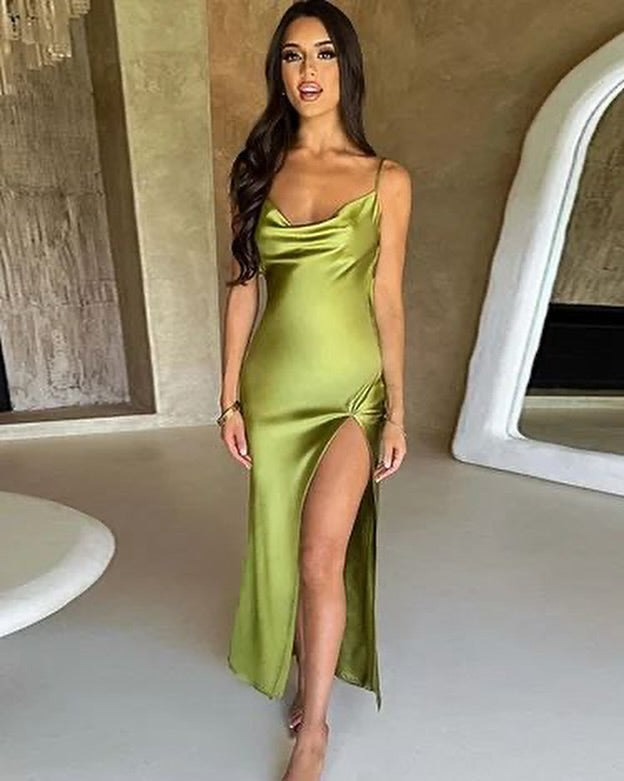 Spaghetti Strap Cowl Neck Backless Split Dress