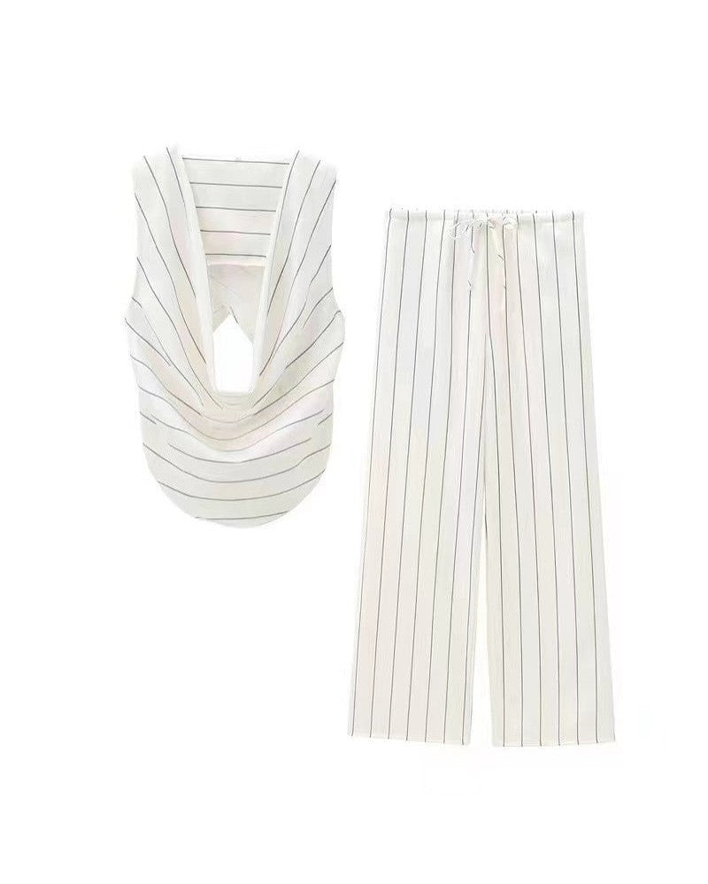 Striped Deep Cowl Neck Top & Wide Leg Pant Coord Set