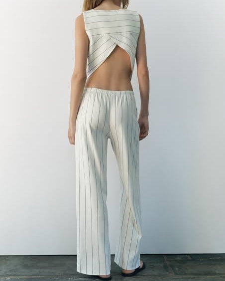 Striped Deep Cowl Neck Top & Wide Leg Pant Coord Set