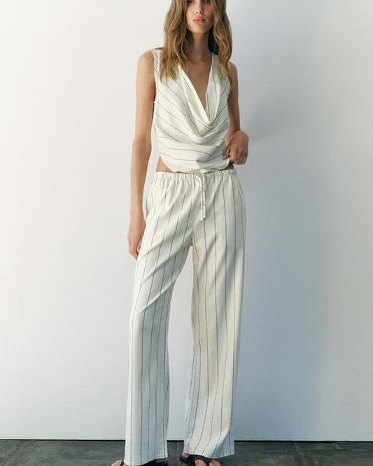 Striped Deep Cowl Neck Top & Wide Leg Pant Coord Set