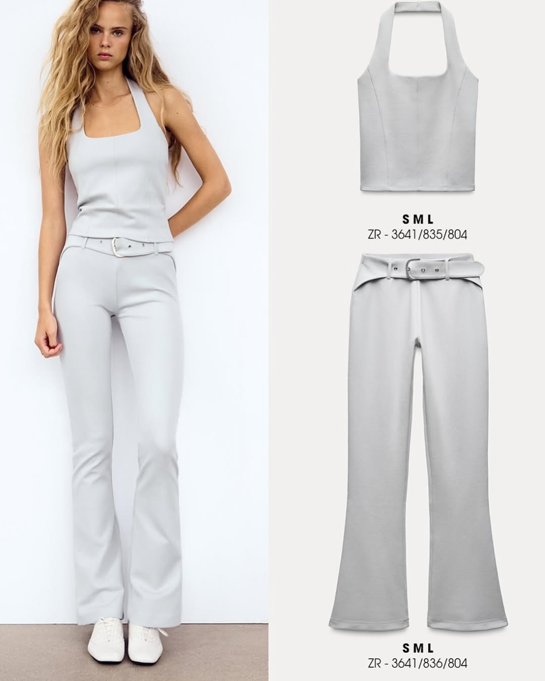 Beatrice Halter Top with Belted Flared Interlock Pant Coord Set