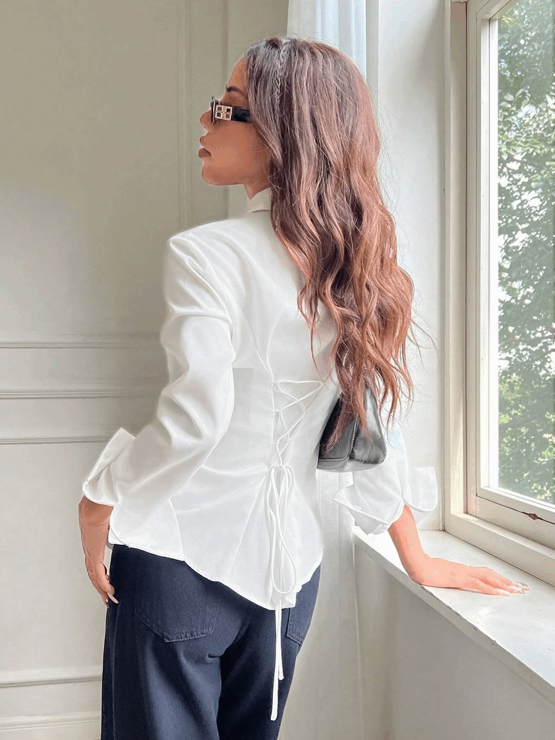 Lace Up Placket Blouse Shirt
