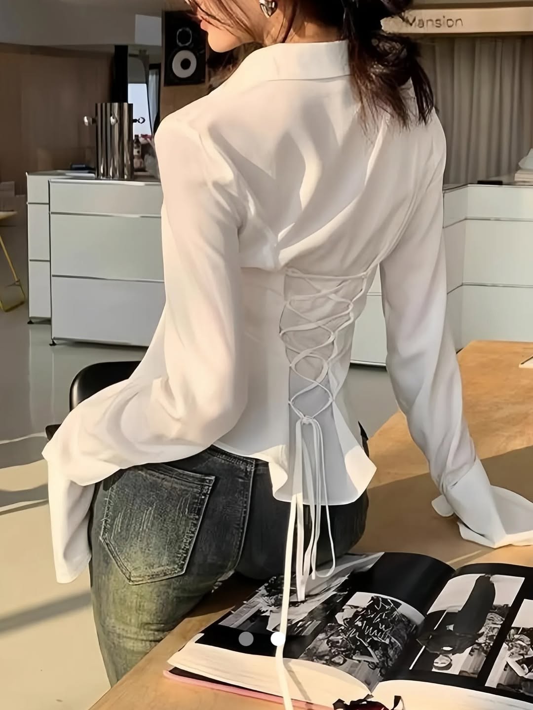 Lace Up Placket Blouse Shirt