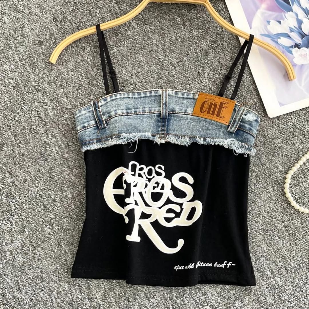 Alric Letter Printed Patchwork Cotton And Denim Crop Top