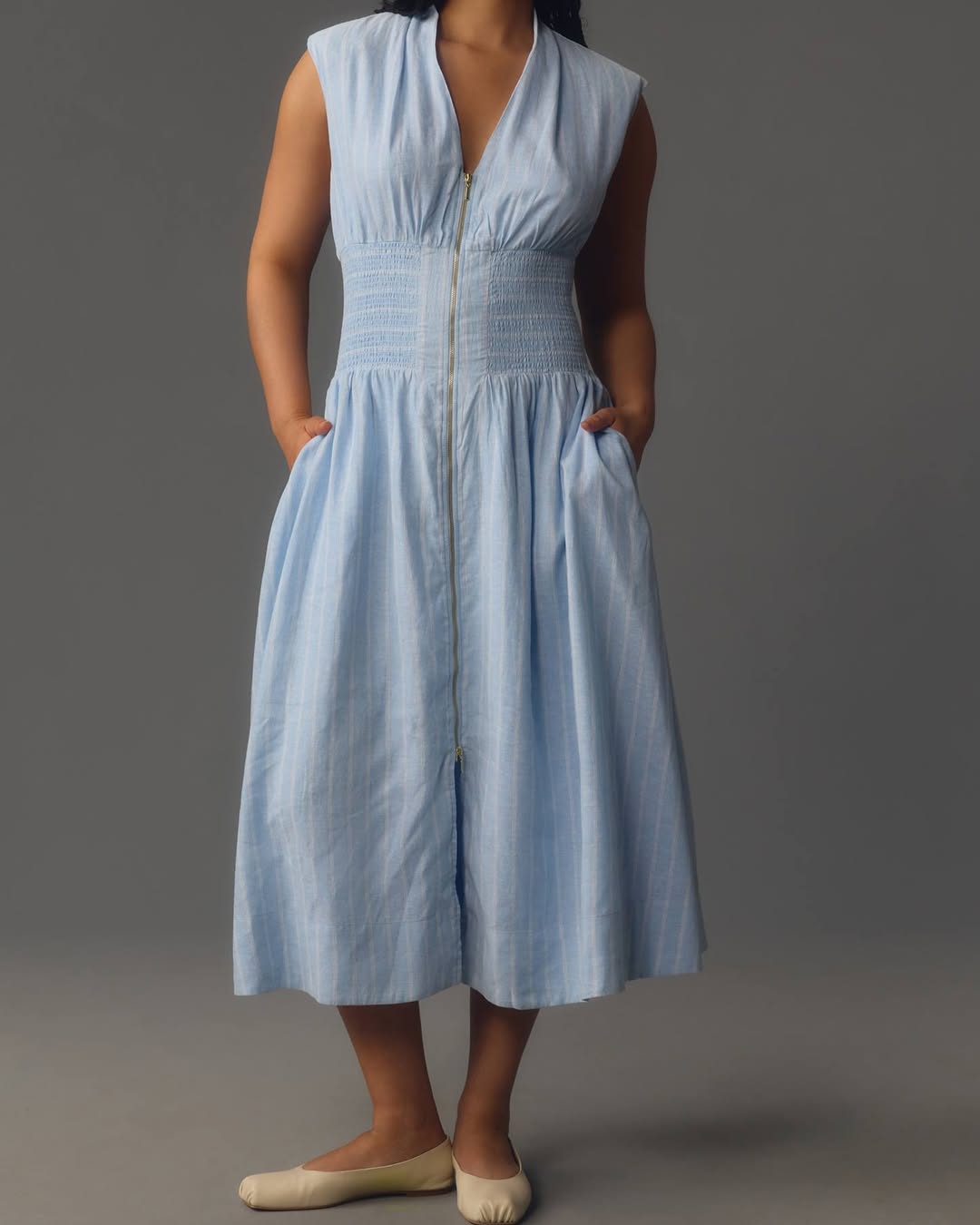 The Tommie Cap-Sleeve Smocked Front-Zip Shirt Dress Linen Edition