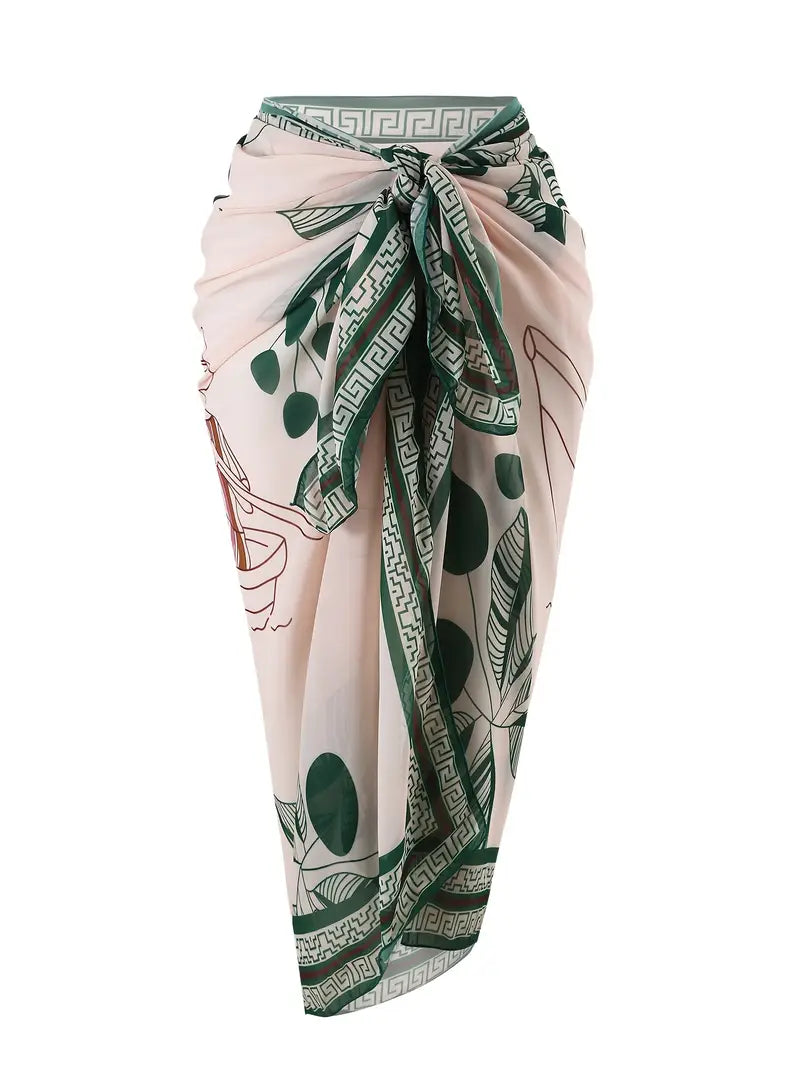 Twisted Bow Tie Monokini with Printed Sarong Swimwear