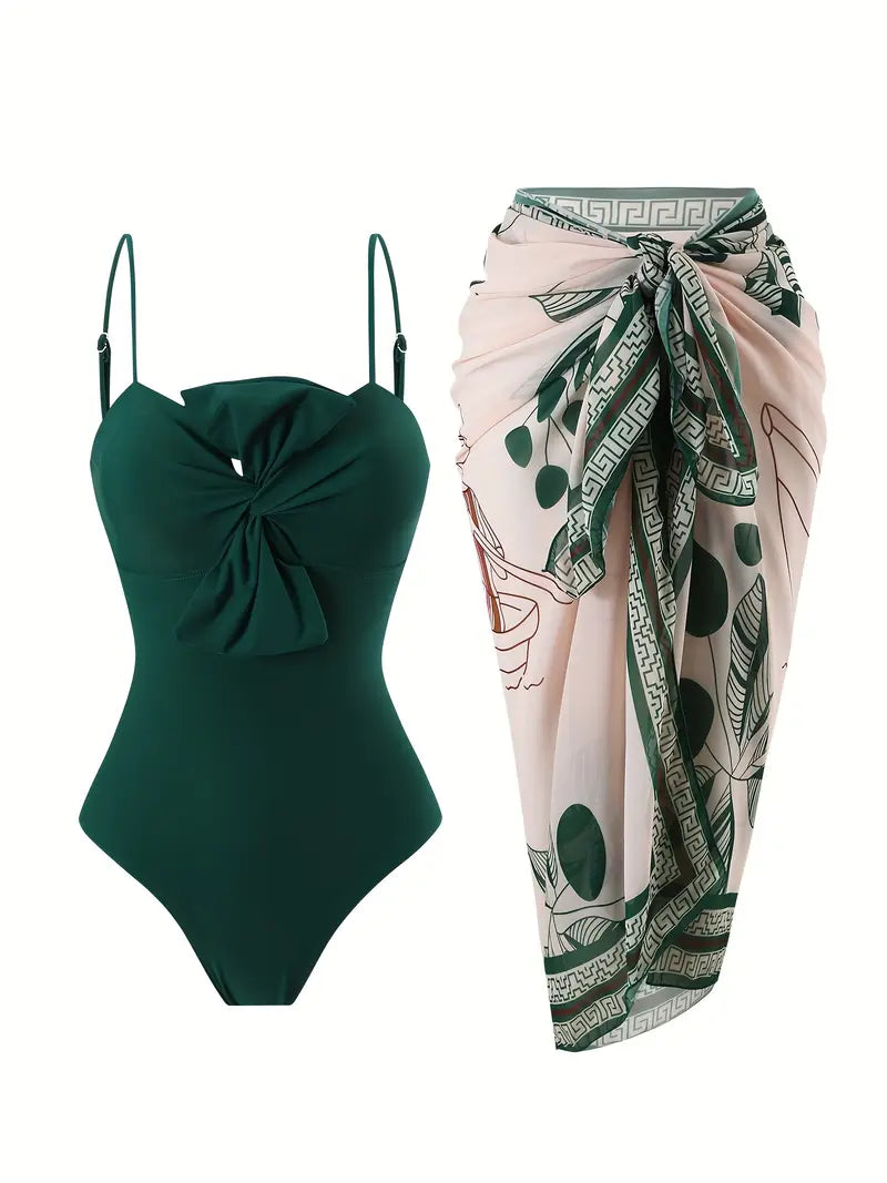 Twisted Bow Tie Monokini with Printed Sarong Swimwear