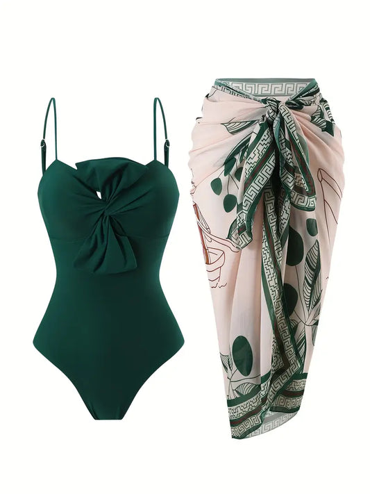 Twisted Bow Tie Monokini with Printed Sarong Swimwear