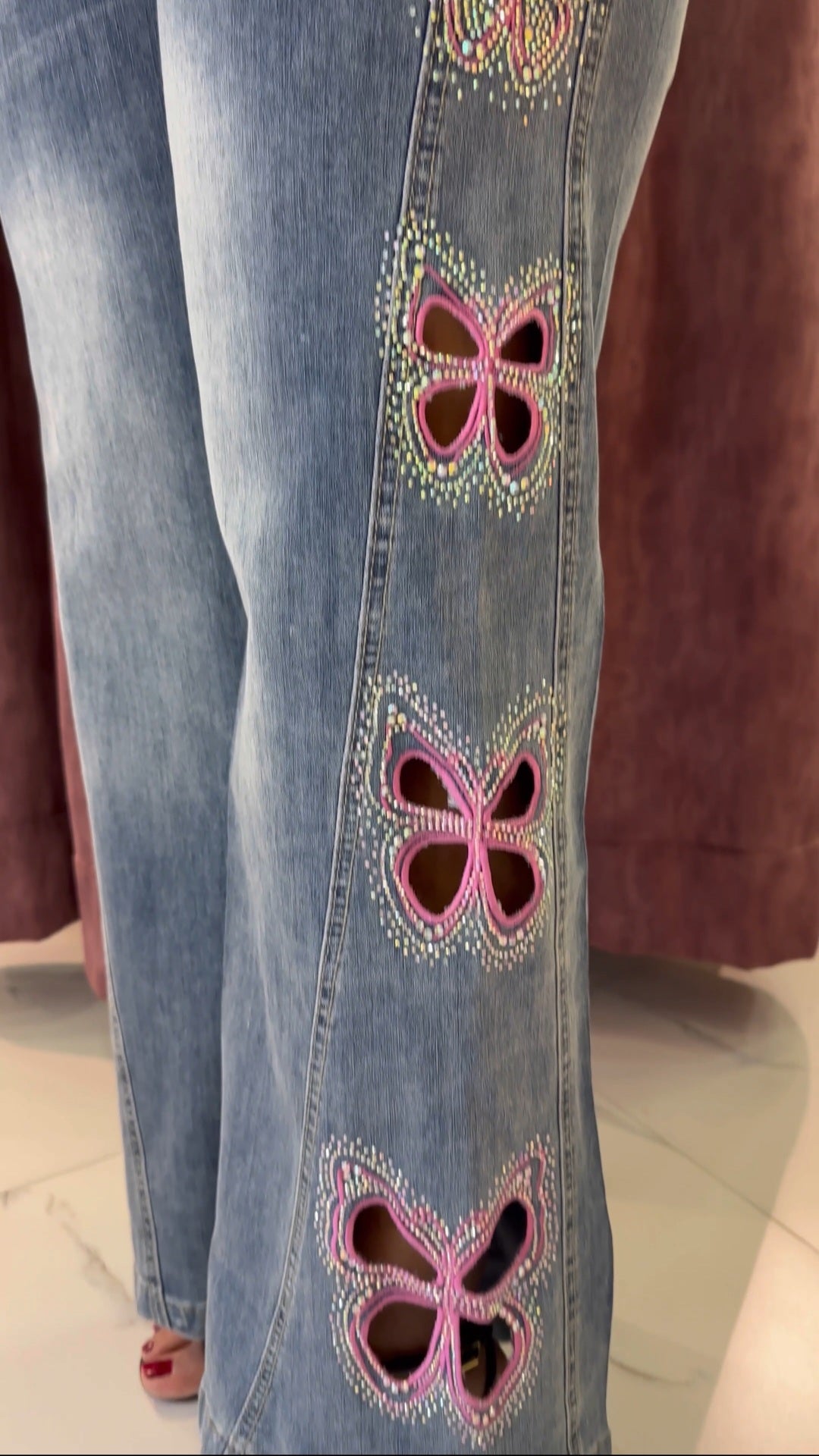 Butterfly Cutwork Emblished Denim Jean