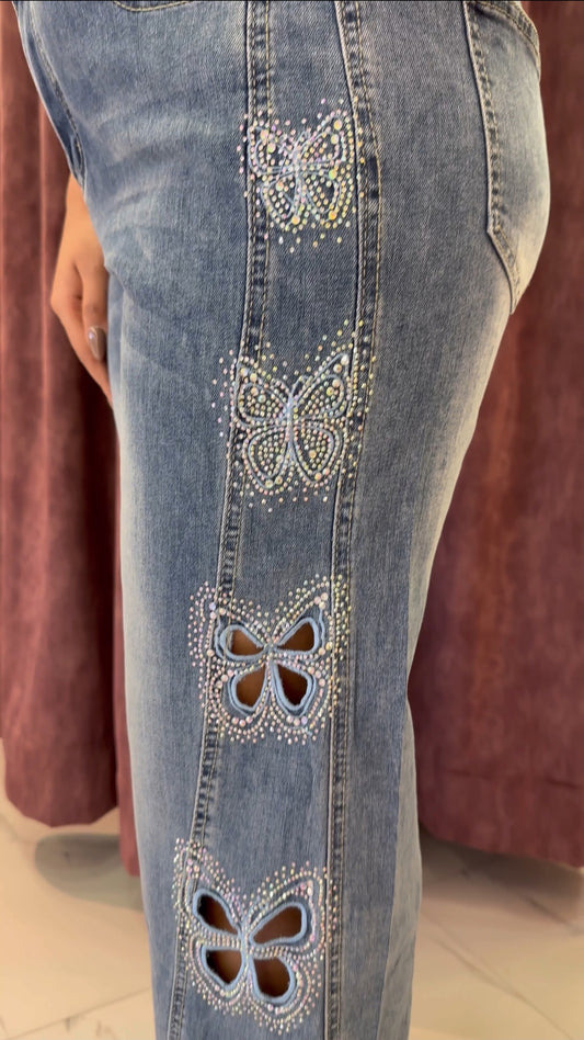 Butterfly Cutwork Emblished Denim Jean