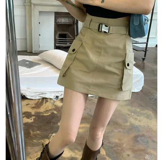 Cintherin  High Waist Plain Mini A-Line Cargo Skirt with Belt
