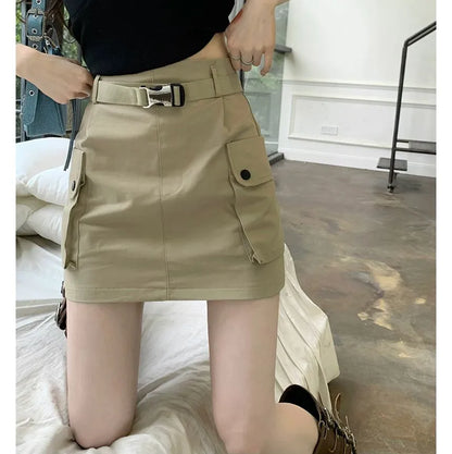 Cintherin  High Waist Plain Mini A-Line Cargo Skirt with Belt