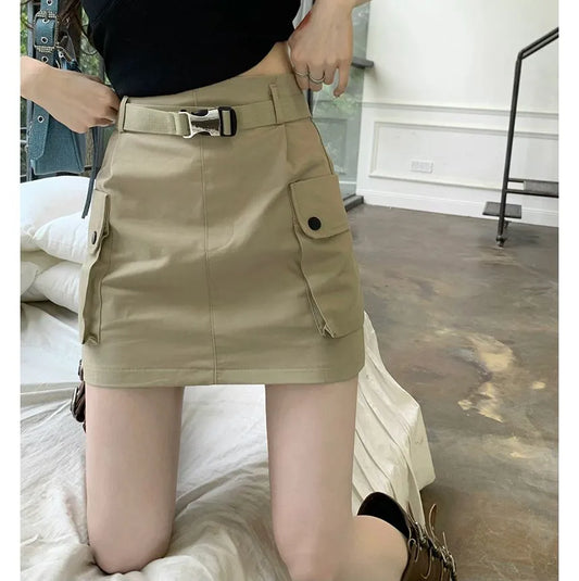 Cintherin  High Waist Plain Mini A-Line Cargo Skirt with Belt