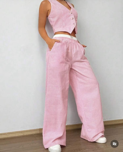 Color Block Striped Vest & Baggy Pants Wide Leg Loose Casual Coord