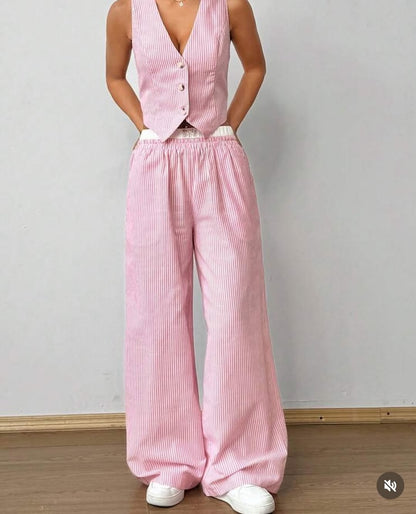 Color Block Striped Vest & Baggy Pants Wide Leg Loose Casual Coord