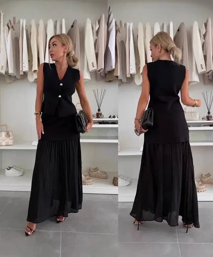 Delilah Knit Waistcoat & Pleated Sheer Maxi Skirt