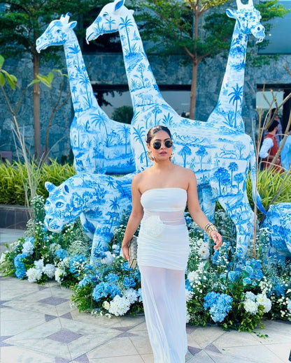 Flower Applique See through Tube Maxi Dress