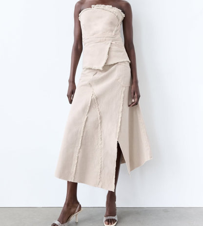 Frayed Denim Tube Top & Skirt Co-ord Set