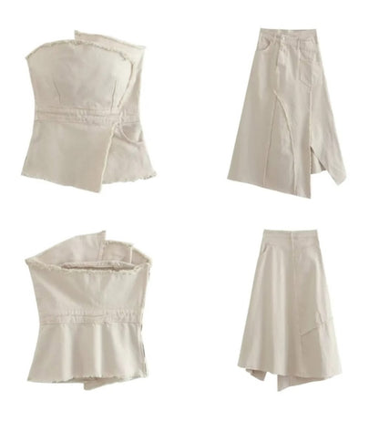 Frayed Denim Tube Top & Skirt Co-ord Set