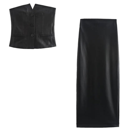PU Leather Tube Vest Top & Slit Skirt Coord Set