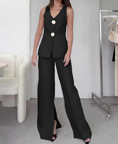Sleeveless Suit Vest and Wide Leg Trousers Set
