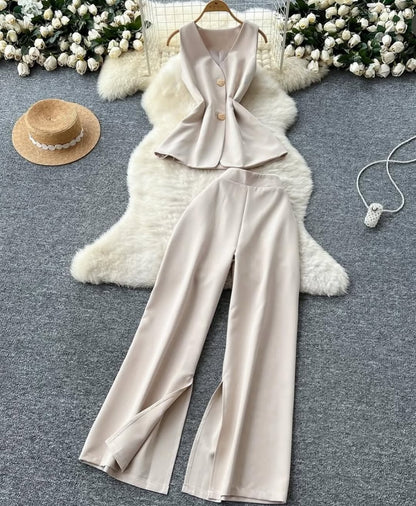 Sleeveless Suit Vest and Wide Leg Trousers Set
