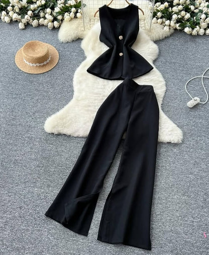 Sleeveless Suit Vest and Wide Leg Trousers Set