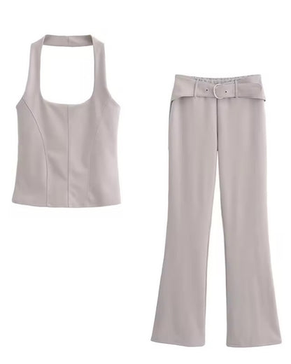 Beatrice Halter Top with Belted Flared Interlock Pant Coord Set