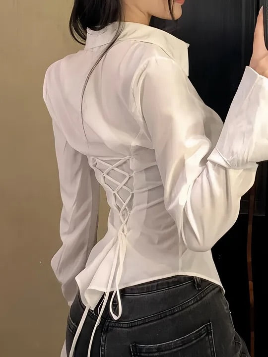 Lace Up Placket Blouse Shirt