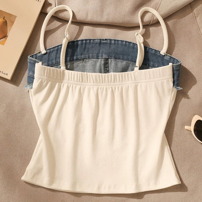 Alric Letter Printed Patchwork Cotton And Denim Crop Top