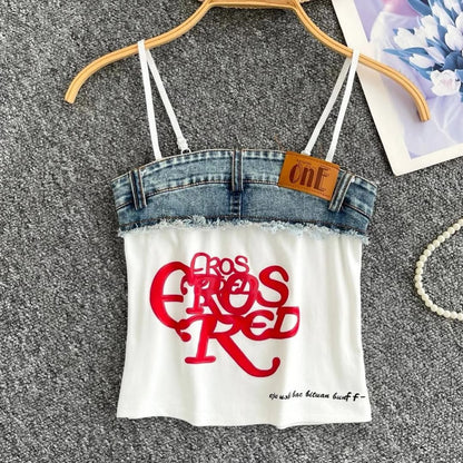 Alric Letter Printed Patchwork Cotton And Denim Crop Top