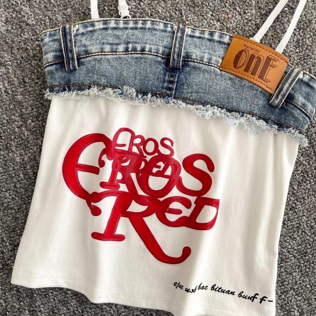 Alric Letter Printed Patchwork Cotton And Denim Crop Top