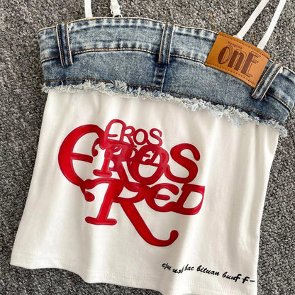 Alric Letter Printed Patchwork Cotton And Denim Crop Top