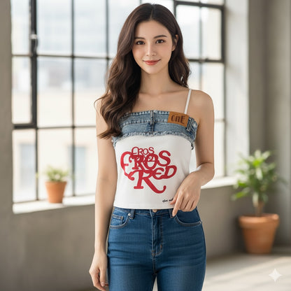 Alric Letter Printed Patchwork Cotton And Denim Crop Top