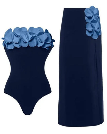 Floral Appliqué Monokini with Skirt Set
