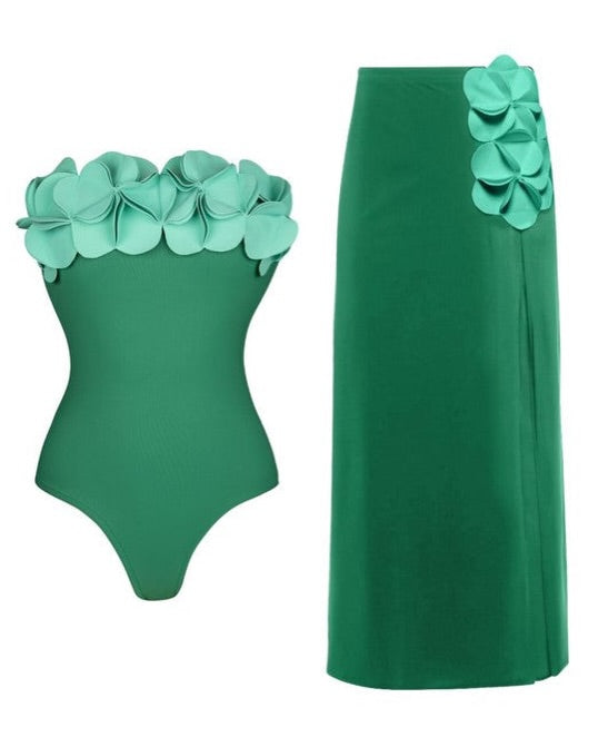 Floral Appliqué Monokini with Skirt Set