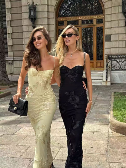 Émeline Floral Appliqué Corset Maxi Dress