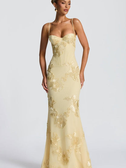 Émeline Floral Appliqué Corset Maxi Dress