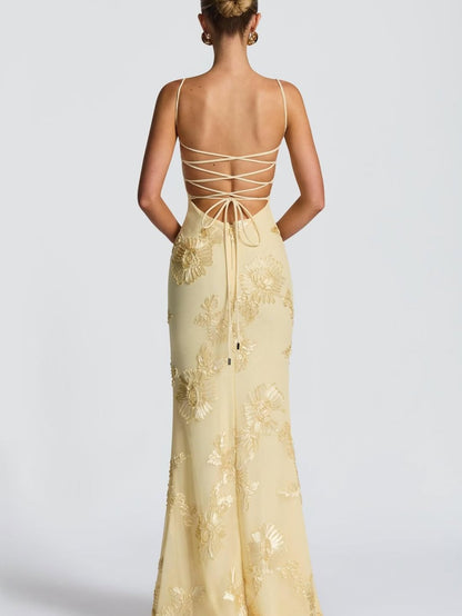 Émeline Floral Appliqué Corset Maxi Dress