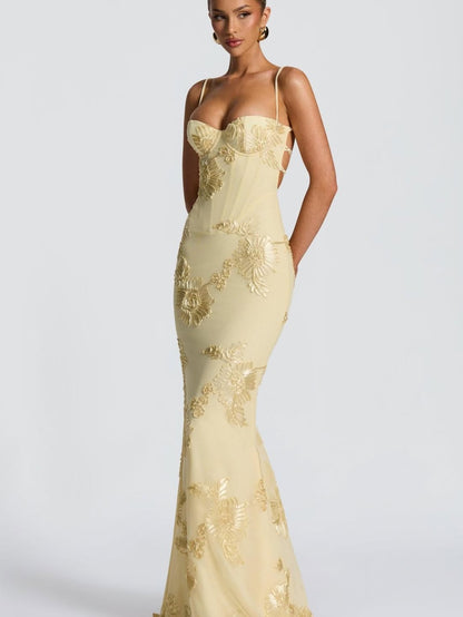 Émeline Floral Appliqué Corset Maxi Dress