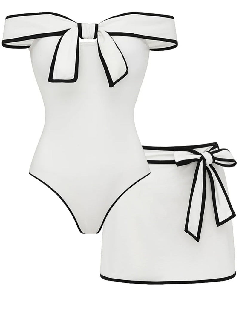 Contris Monokini Swimsuit with Bow and Pareo Skirt Set