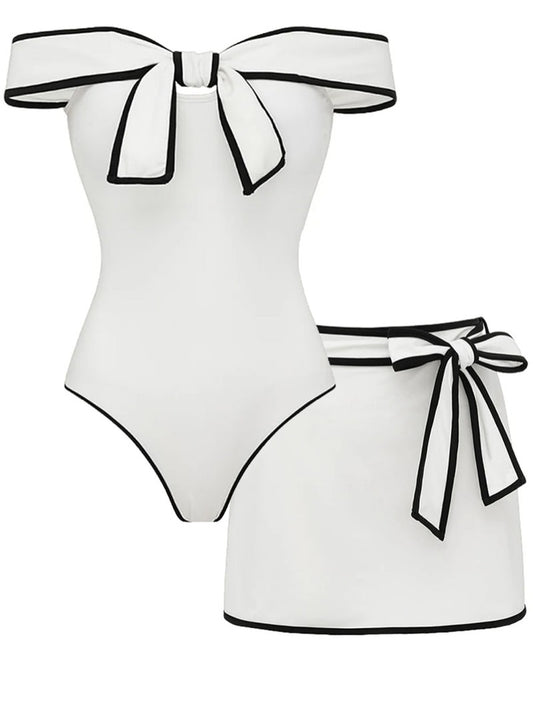 Contris Monokini Swimsuit with Bow and Pareo Skirt Set