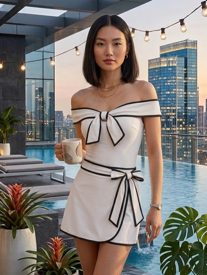 Contris Monokini Swimsuit with Bow and Pareo Skirt Set
